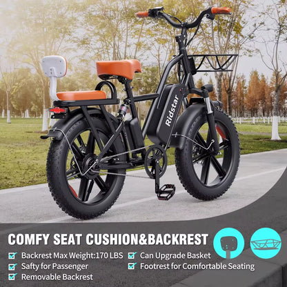 Ridstar FM-001 Electric Bicycle 1000W 48V 15AH Road City Ebike Adult 20 inch Fat Tire Beach Mountain Rear Seat Bicycle