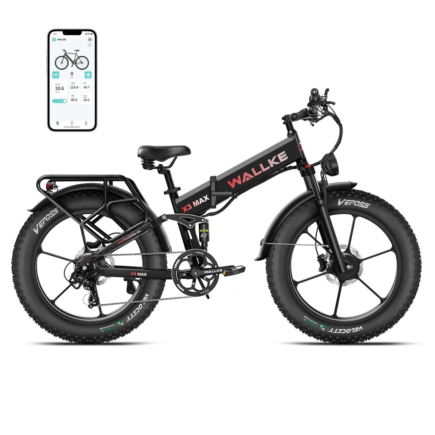 Wallke X3 Electric Bike 1500W Dual Motor 22AH/44AH Foldable Electric Bicycle  26'' Fat Tire E-Mountain Bike With APP Control