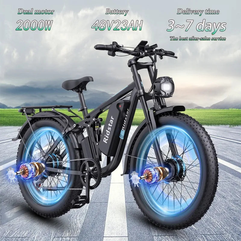 Ridstar E26 Electric Bicycle 2000W Dual Motor 48V23AH Battery Hydraulic Brake Ebike 26-inch Fat Tire Mountain Off-road ebike