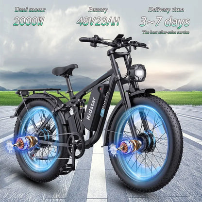 Ridstar E26 Electric Bicycle 2000W Dual Motor 48V23AH Battery Hydraulic Brake Ebike 26-inch Fat Tire Mountain Off-road ebike
