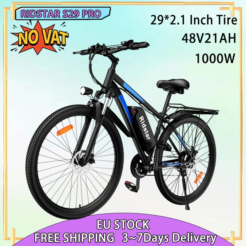 Ridstar S29 PRO Electric Bicycle 1000W Powerful Motor 48V21AH Lithium Battery  E-bike 29*2.1 Inch All-terrain Tire Electric Bike