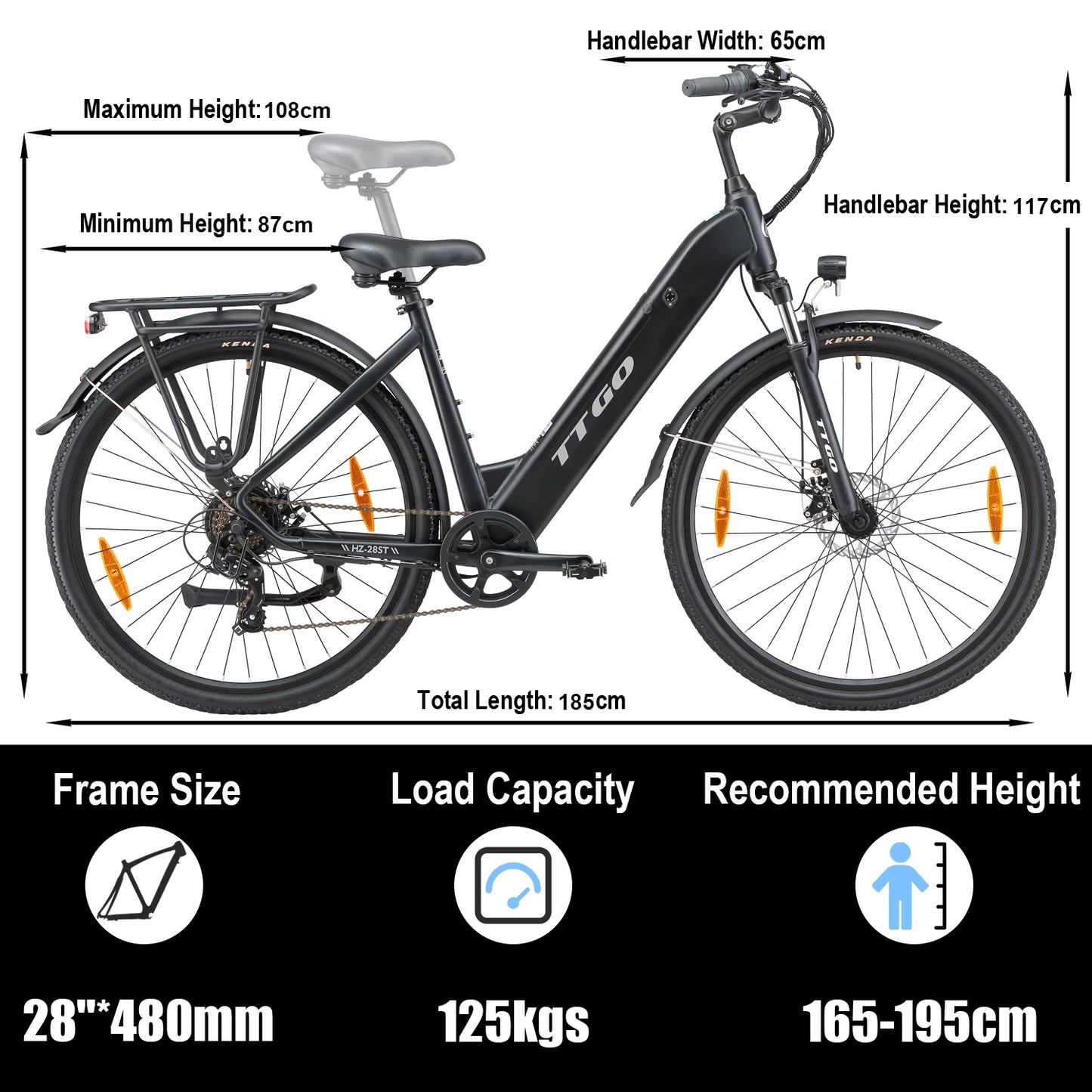 TTGO HZ-28ST Electric Bicycle,28'' 250W Motor 36V20Ah Battery 25km/h 100km Max Range Electric Bike,Disc Brake Mountain Fat Ebike
