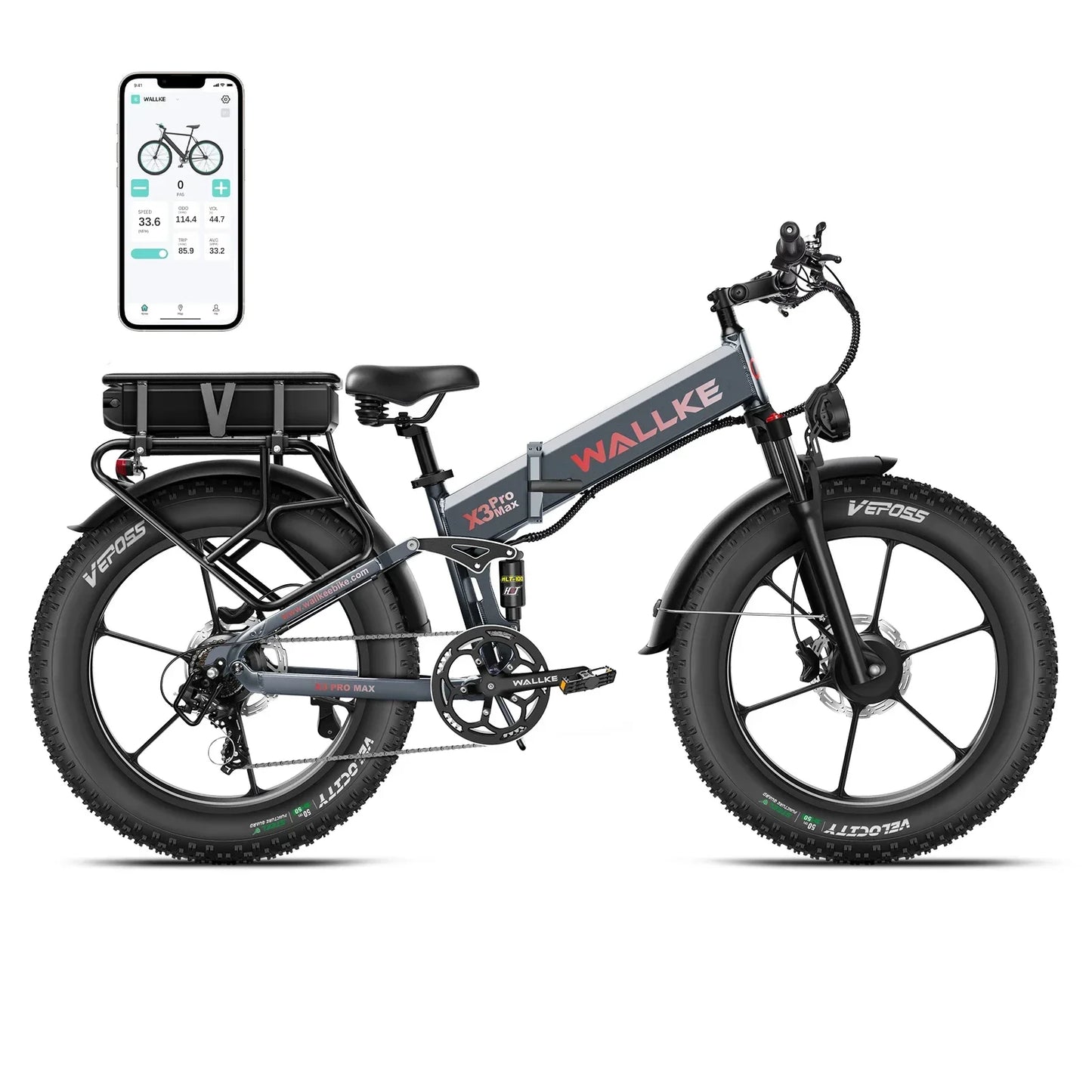 Wallke X3 Electric Bike 1500W Dual Motor 22AH/44AH Foldable Electric Bicycle  26'' Fat Tire E-Mountain Bike With APP Control