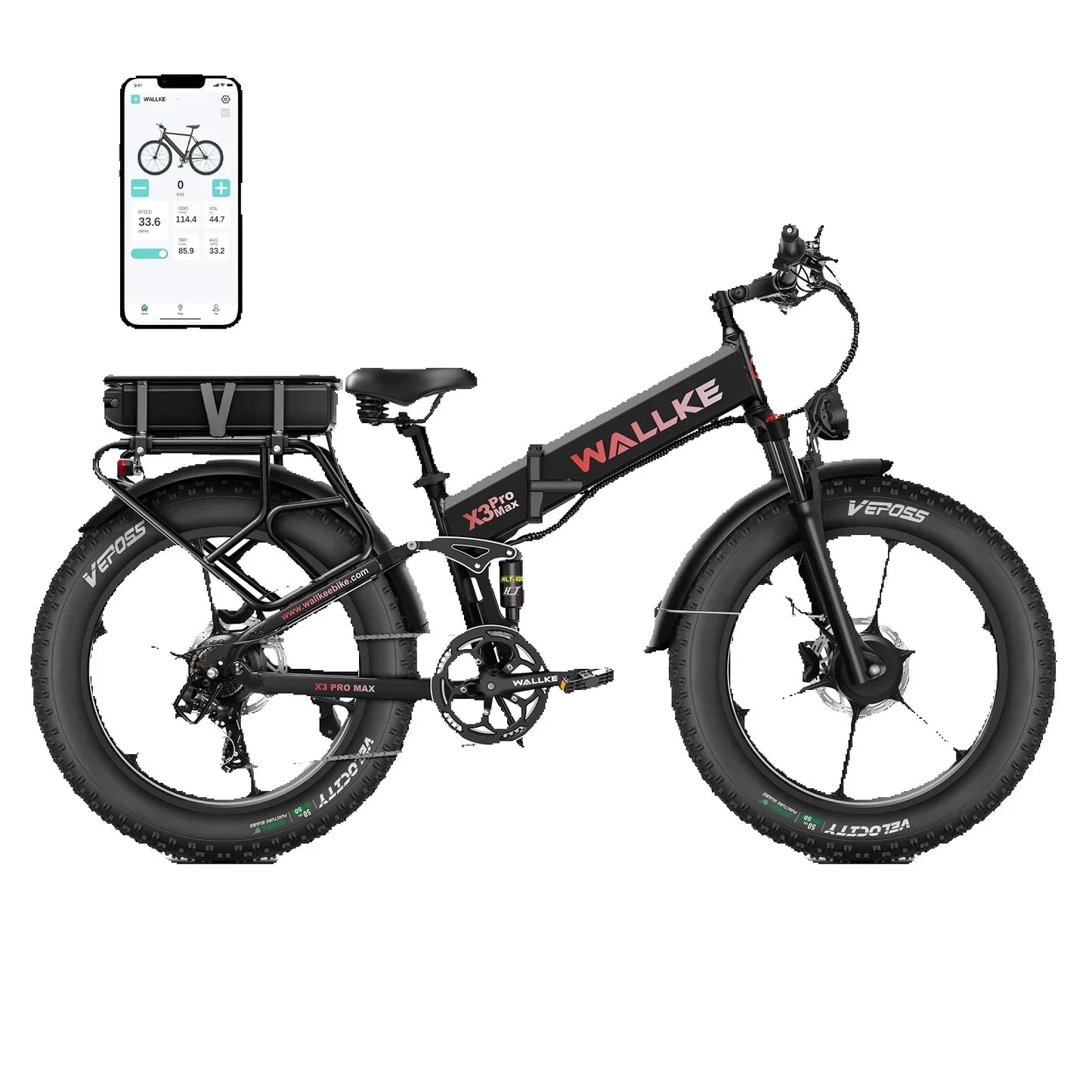 Wallke X3 Electric Bike 1500W Dual Motor 22AH/44AH Foldable Electric Bicycle  26'' Fat Tire E-Mountain Bike With APP Control