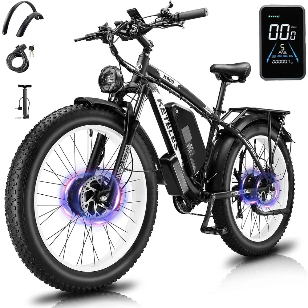 KETELES k800 adult 2000W dual motor electric bike, 23AH battery, 26*4.0 fat tire electric mountain bike.