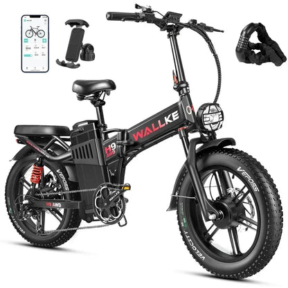 Wallke H9 AWD Electric Bicycle 2000W Folding Electric Bike 40AH/60AH Ebike 20*4.0" Fat Tire E-Mountain Bike with APP Control