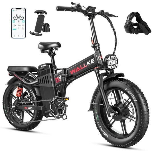 Wallke H9 AWD Electric Bicycle 2000W Folding Electric Bike 40AH/60AH Ebike 20*4.0" Fat Tire E-Mountain Bike with APP Control