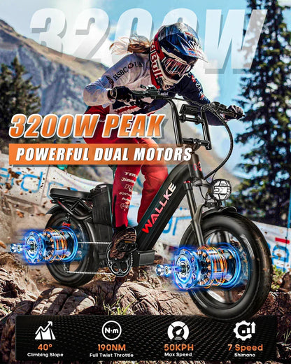 Wallke H7 Electric Bicycle 1200W/2000W Dual Motor Electric Bike 40Ah/60Ah Step Thru Ebike 20*4'' Fat Tire Ebike W/APP Control