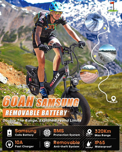 Wallke H7 Electric Bicycle 1200W/2000W Dual Motor Electric Bike 40Ah/60Ah Step Thru Ebike 20*4'' Fat Tire Ebike W/APP Control