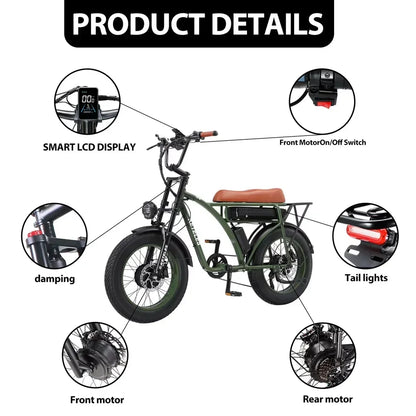 Keteles KF8 2000W Electric Bike 2×1000W Dual Motor Mountain All Terrain 48V 23AH 20 Inch Fat Tires Hydraulic Oil Disc Brakes