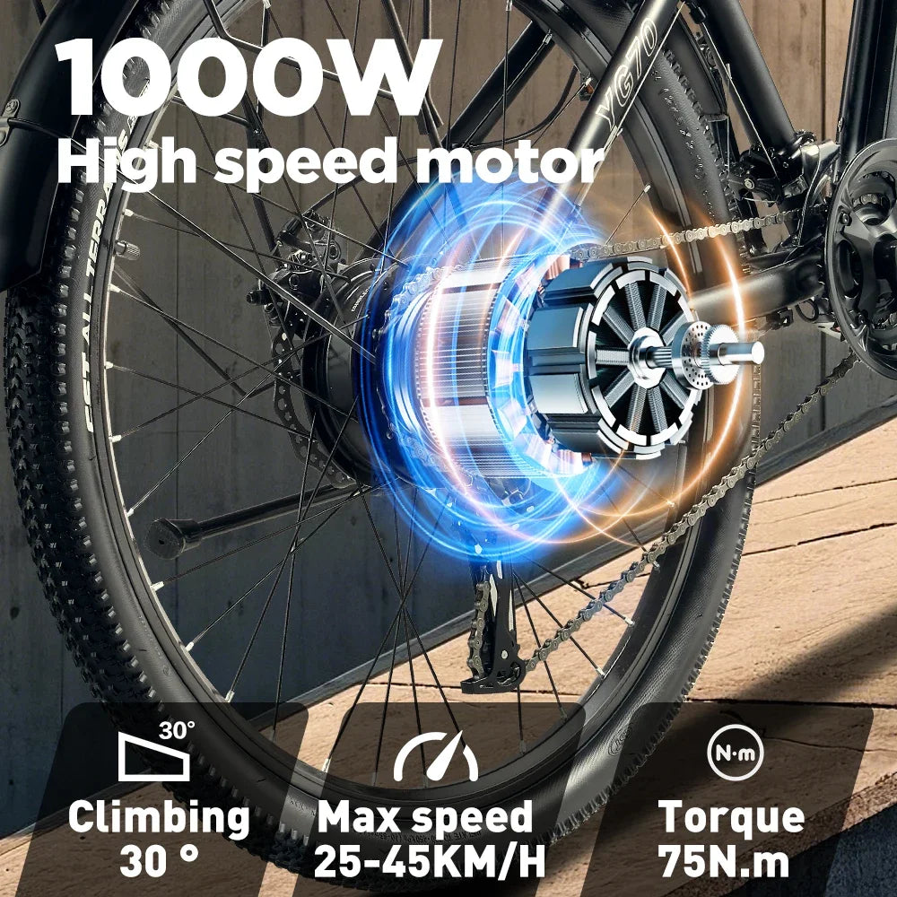 RANDRIDE YG70 27.5Inch Off-road Fatbike1000W 14AH Folding Electric Bicycle with 27 Speed for Man Woman Full Suspension