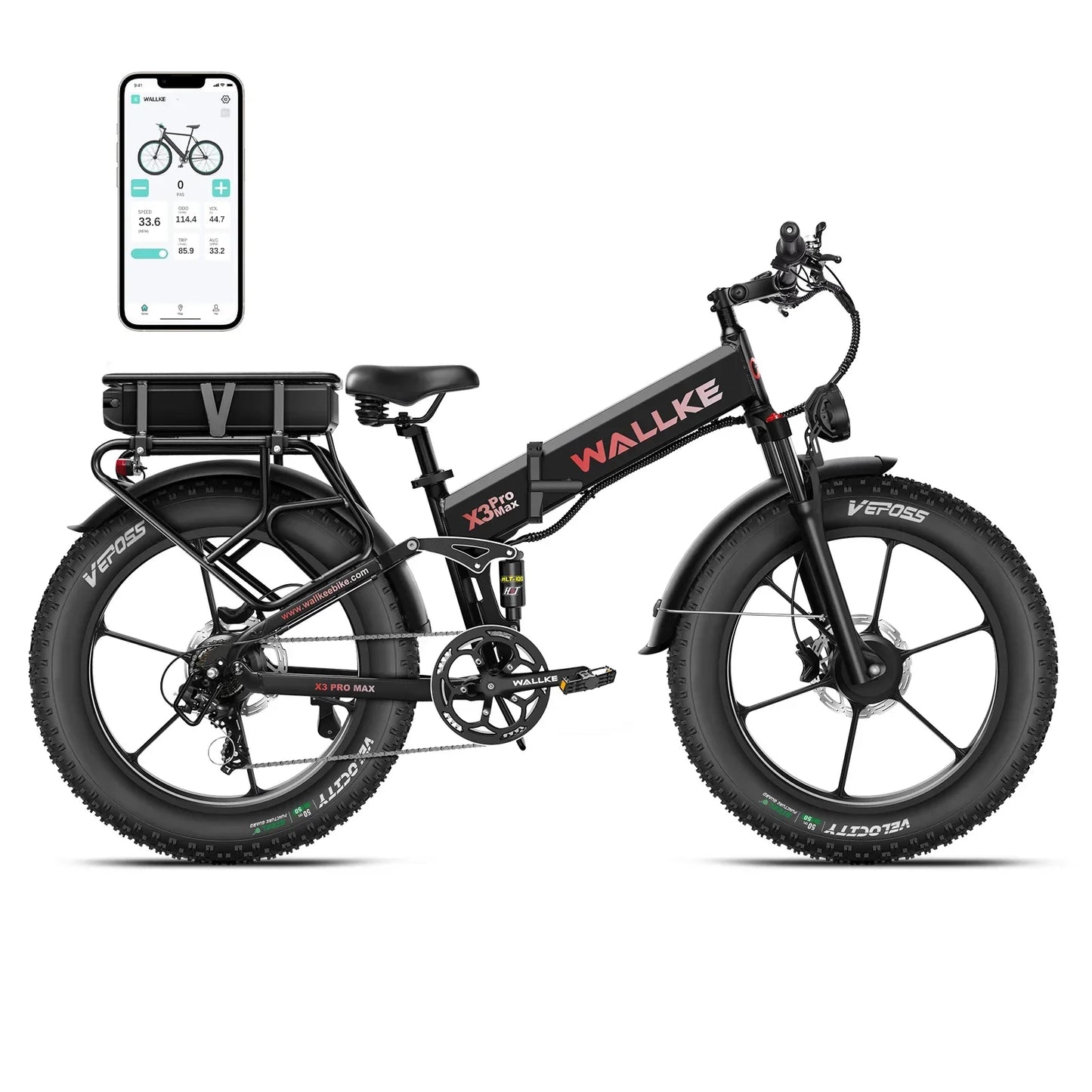 Wallke X3 Electric Bike 1500W Dual Motor 22AH/44AH Foldable Electric Bicycle  26'' Fat Tire E-Mountain Bike With APP Control