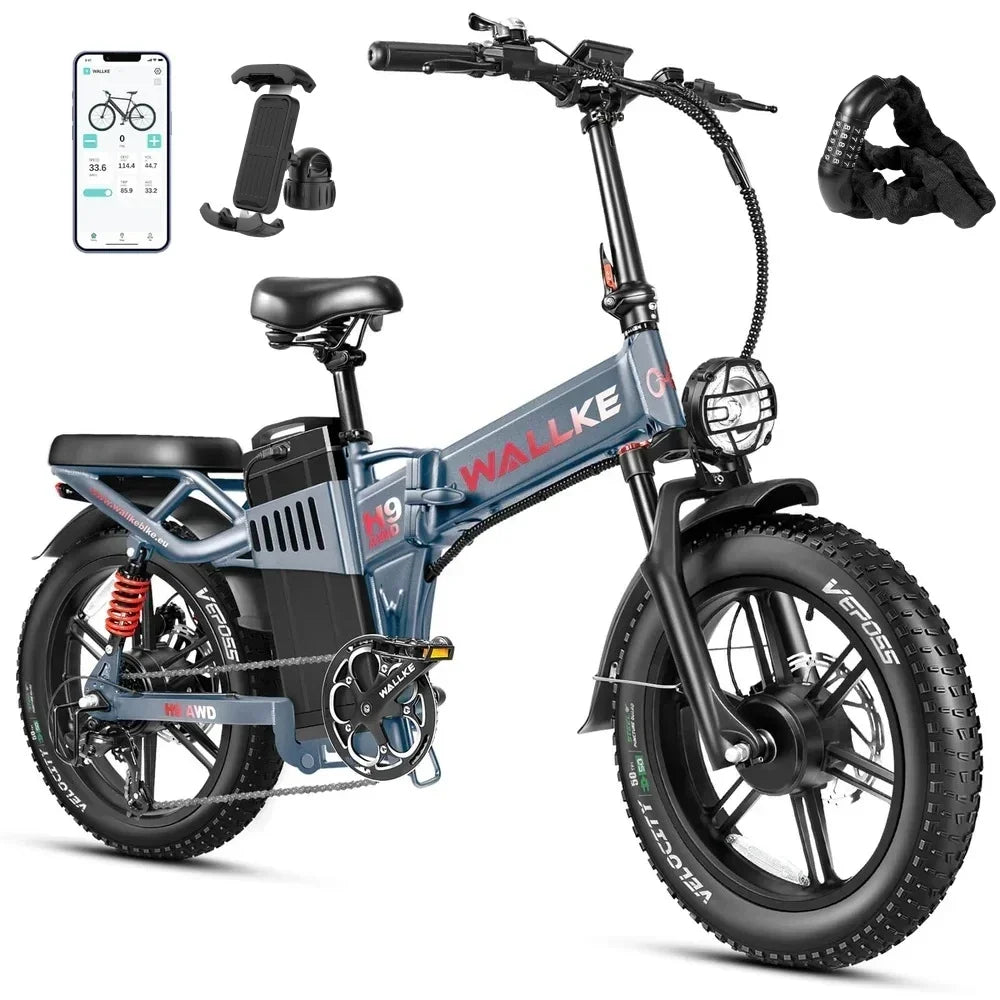 Wallke H9 AWD Electric Bicycle 2000W Folding Electric Bike 40AH/60AH Ebike 20*4.0" Fat Tire E-Mountain Bike with APP Control